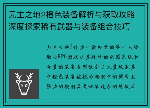 无主之地2橙色装备解析与获取攻略 深度探索稀有武器与装备组合技巧