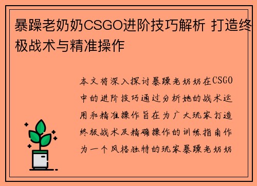 暴躁老奶奶CSGO进阶技巧解析 打造终极战术与精准操作